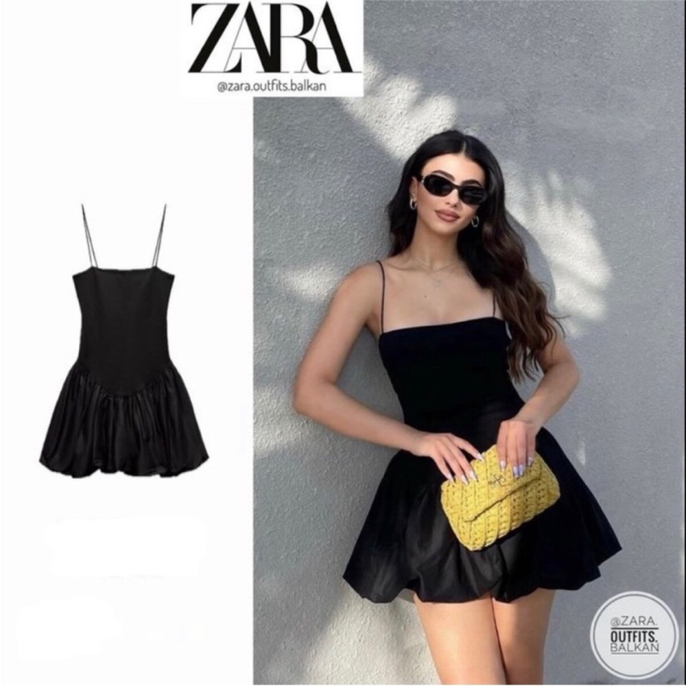 ZARA MIXED RIB POPLIN BALLOON MINI DRESS BLACK SIZE L NEW